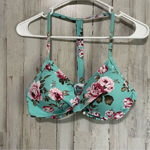 Teal Floral Print Bikini Top Racerback Push Up Padded Size M